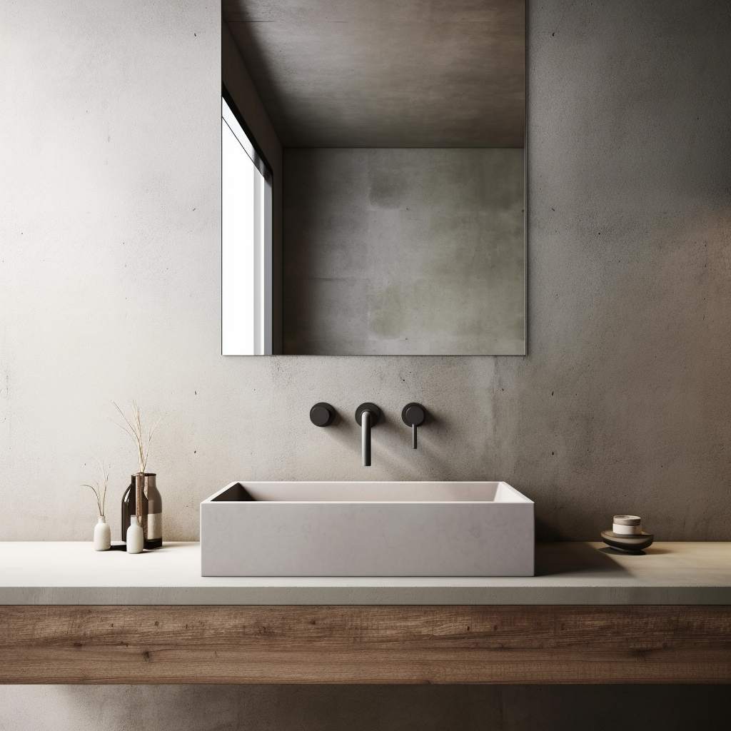 White concrete benchtop and white rectangle concrete sink